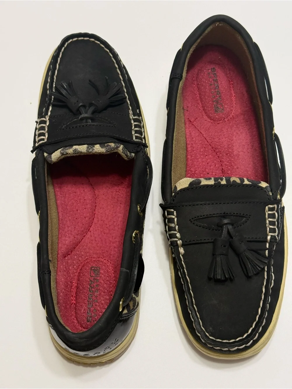 Sperry Top-Sider Women’s Black Tassel Loafers with Leopard Trim Sz 9M